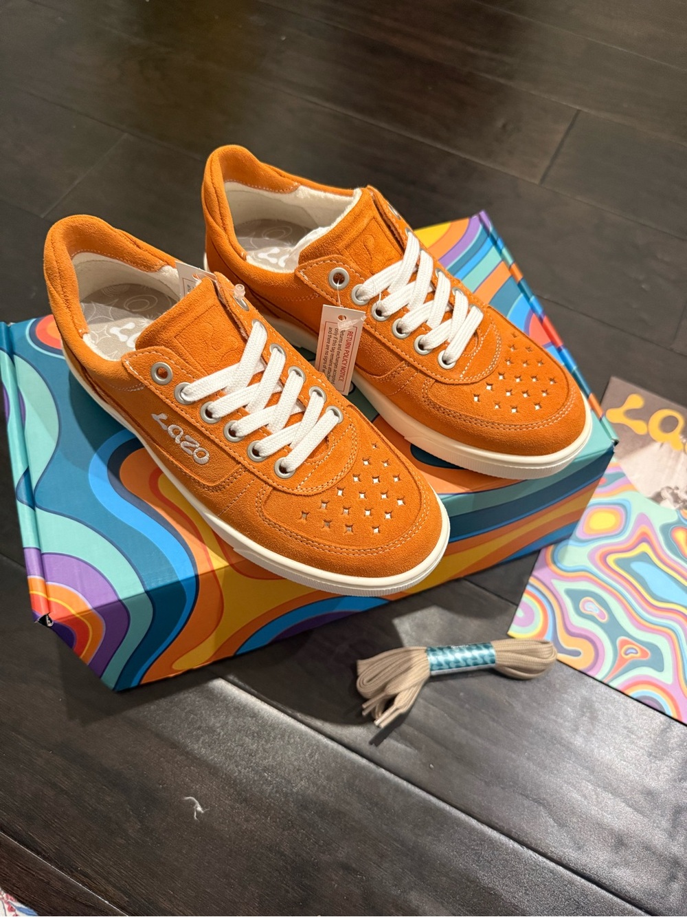 Kids Orange Suede Lace-Up Sneakers with Star Perforation